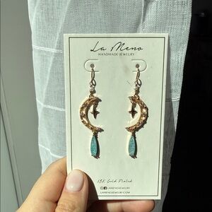 La Meno Gold and Blue Star Crescent Earrings